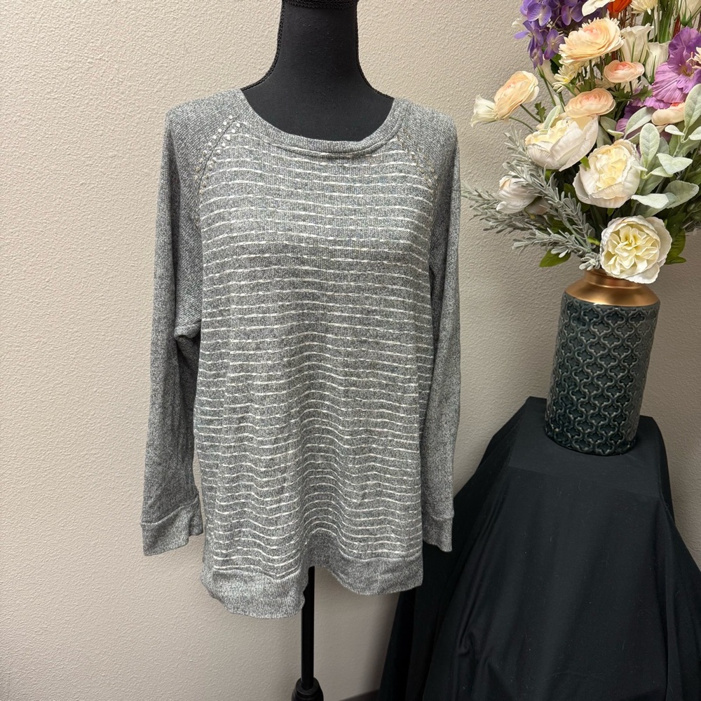 Project Gray Studded Stripe Sweater L | Cozy Fall Winter Metallic Knit Top